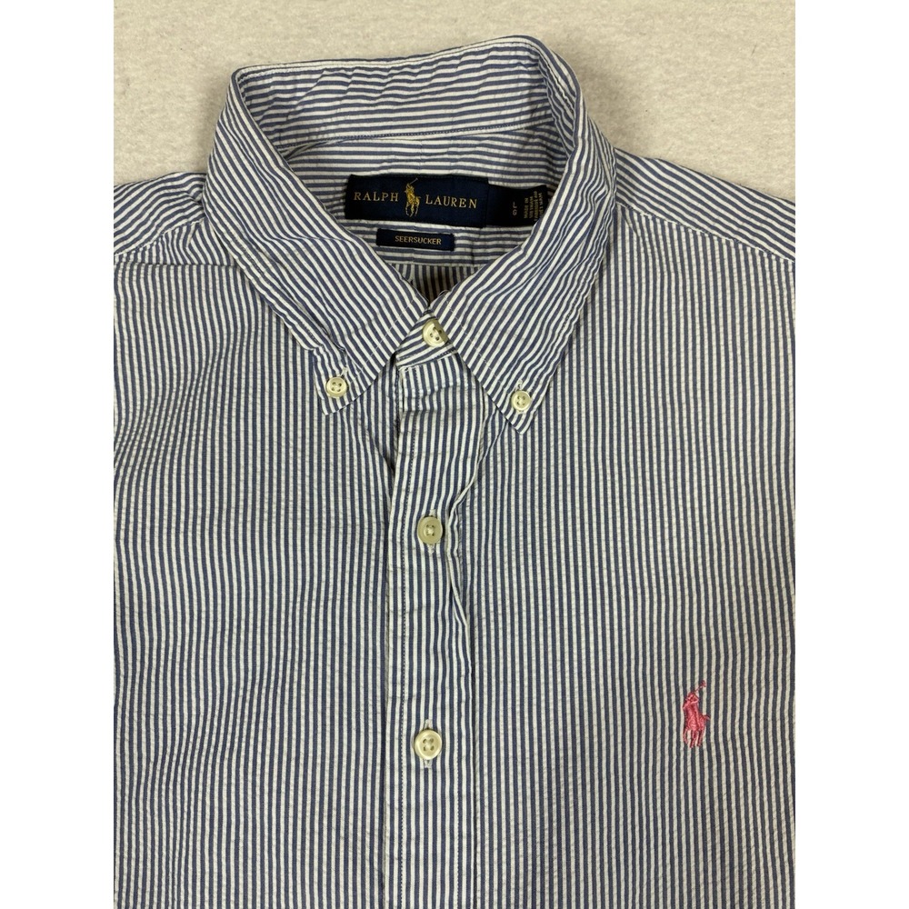 Polo Ralph Lauren Seersucker Shirt Blue Striped Pink Pony Mens Large Coastal